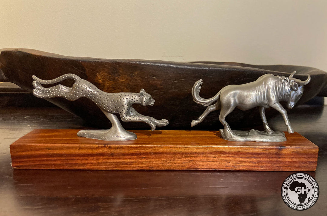 Wildebeest and Cheetah Chase Pewter Sculpture