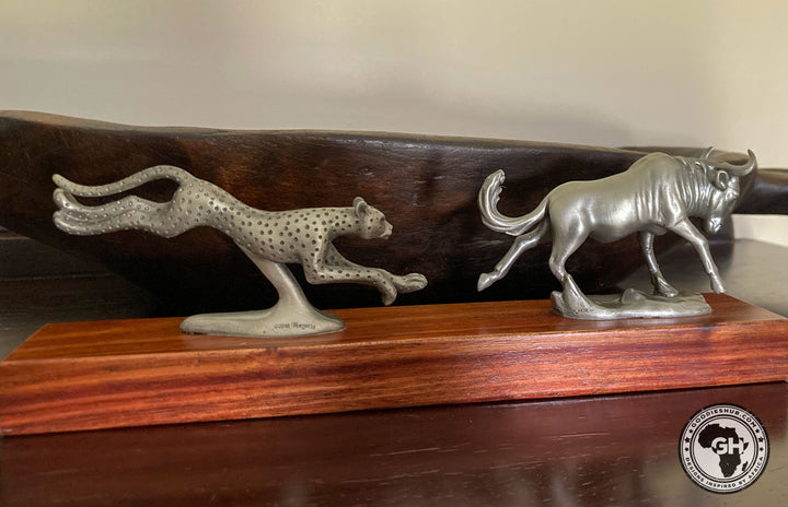 Wildebeest and Cheetah Chase Pewter Sculpture