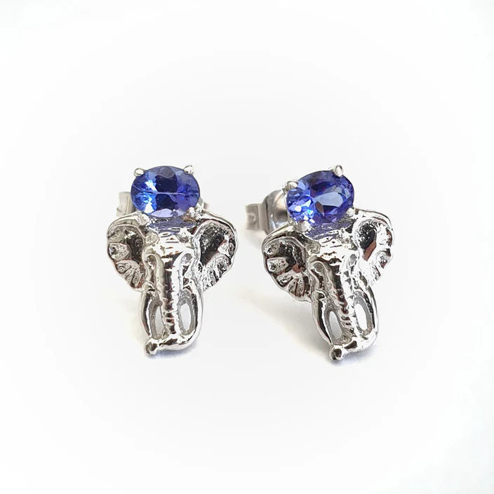 Africa Elephant Head and Tanzanite Earrings White Gold