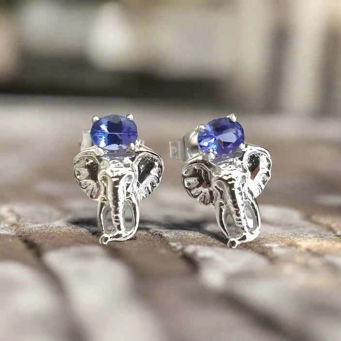 Africa Elephant Head and Tanzanite Earrings White Gold