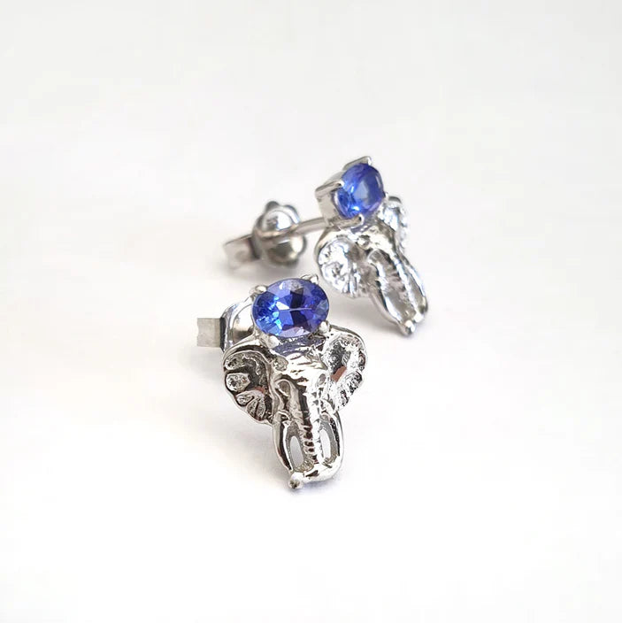 Africa Elephant Head and Tanzanite Earrings White Gold