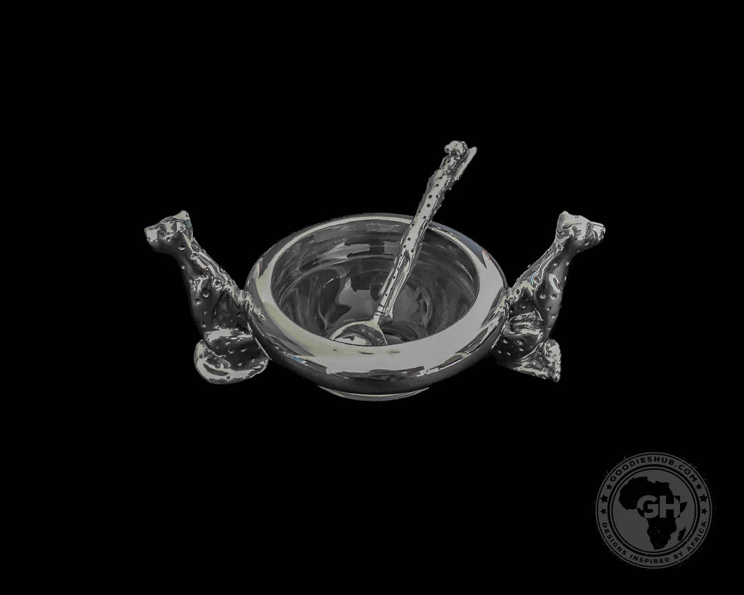 Dish 60mm Double Cheetah &amp; salt spoon Set - Cheetah Africa Collection - Diana Carmichael