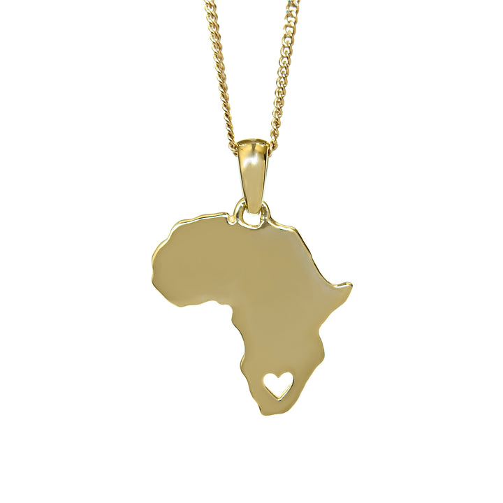 Solid Yellow Gold Africa Map Pendant with Stencil Heart Detail &amp; Chain 45cm