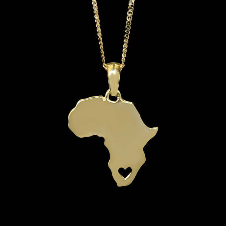 Solid Yellow Gold Africa Map Pendant with Stencil Heart Detail &amp; Chain 45cm