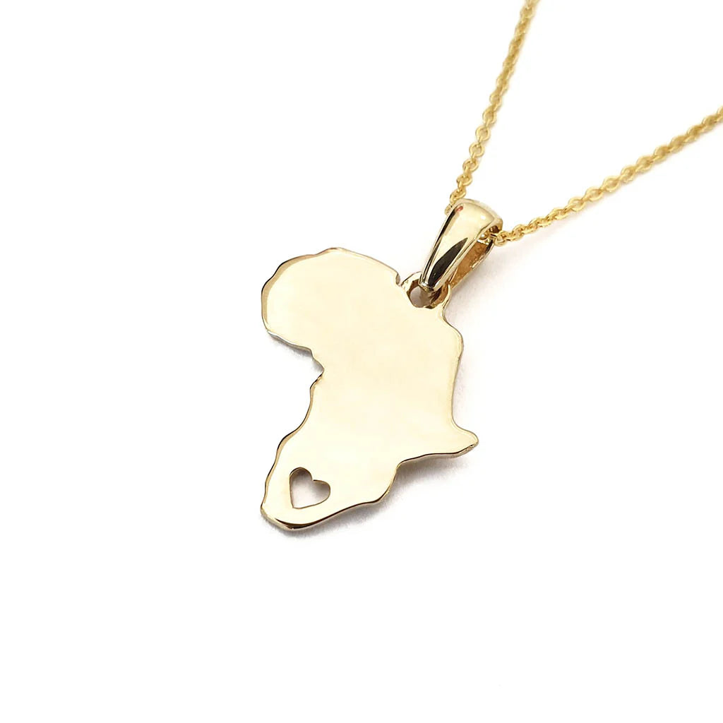 Solid Yellow Gold Africa Map Pendant with Stencil Heart Detail &amp; Chain 45cm