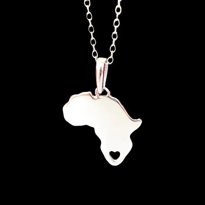 Solid Silver Africa Map Pendant with Stencil Heart Detail &amp; Chain 45cm