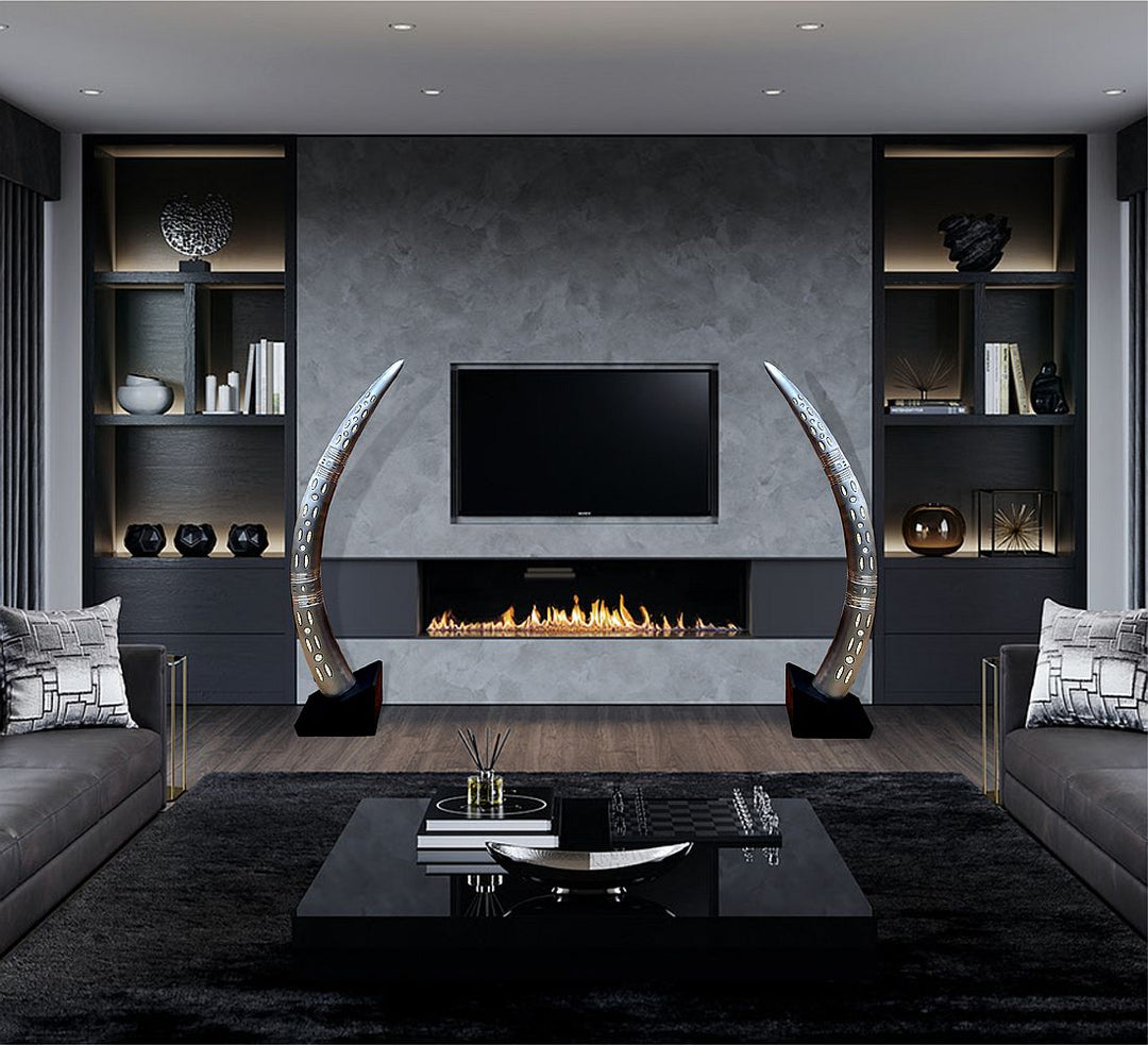 Elephant Aluminium Tusk Pair with Ostrich Eggshell inlay . Mounted on Black wood Stands