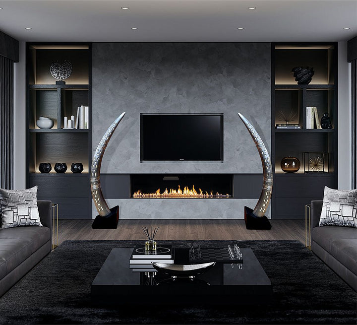 Elephant Aluminium Tusk Pair with Ostrich Eggshell inlay . Mounted on Black wood Stands