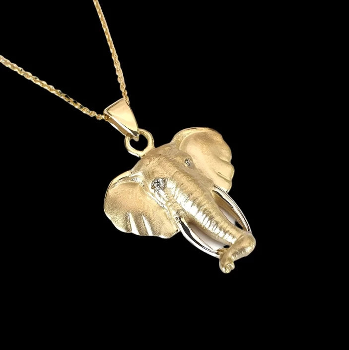 Pendant Yellow Gold  Small - Africa Elephant Head with Diamond Eyes Pendant &amp; 45cm Chain