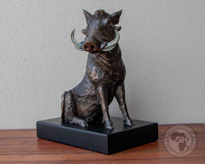 Warthog Sitting Bronzed Sculpture on Base