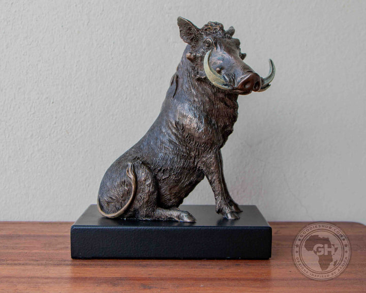 Warthog Sitting Bronzed Sculpture on Base