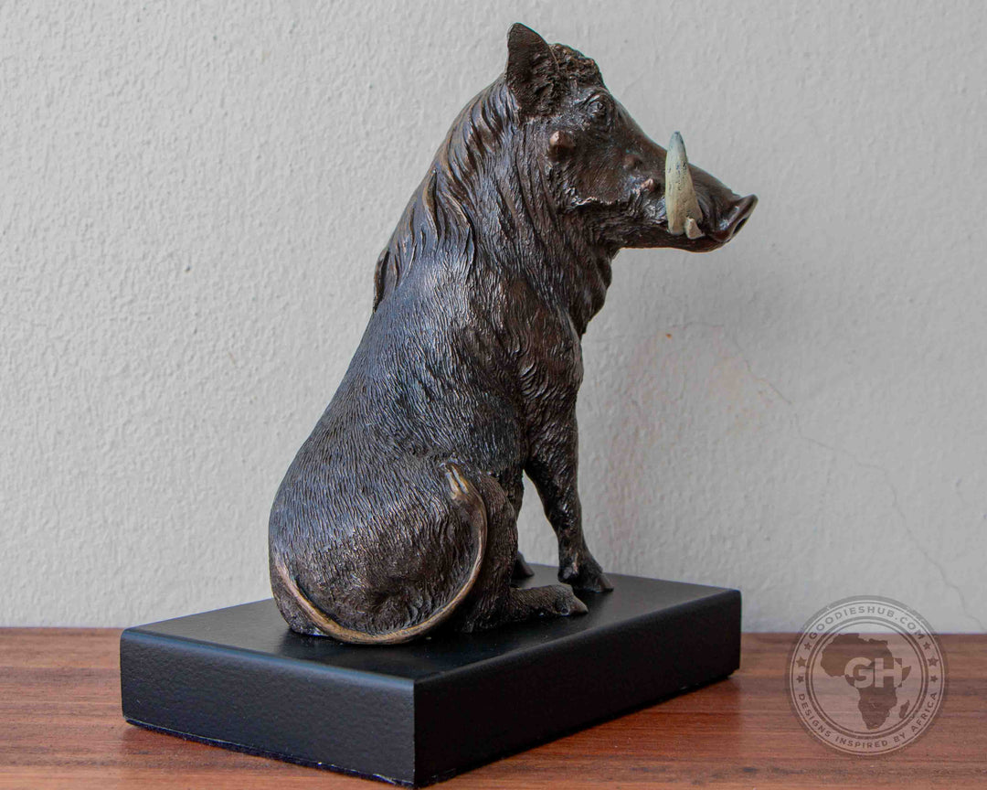 Warthog Sitting Bronzed Sculpture on Base