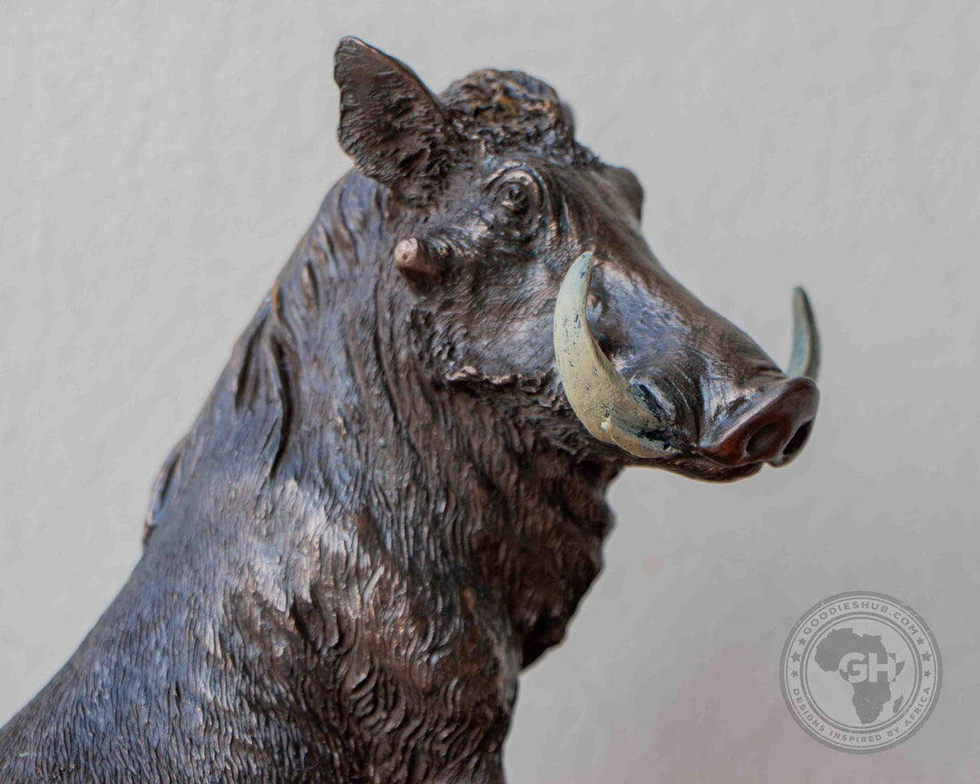 Warthog Sitting Bronzed Sculpture on Base