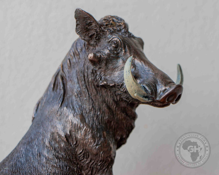 Warthog Sitting Bronzed Sculpture on Base