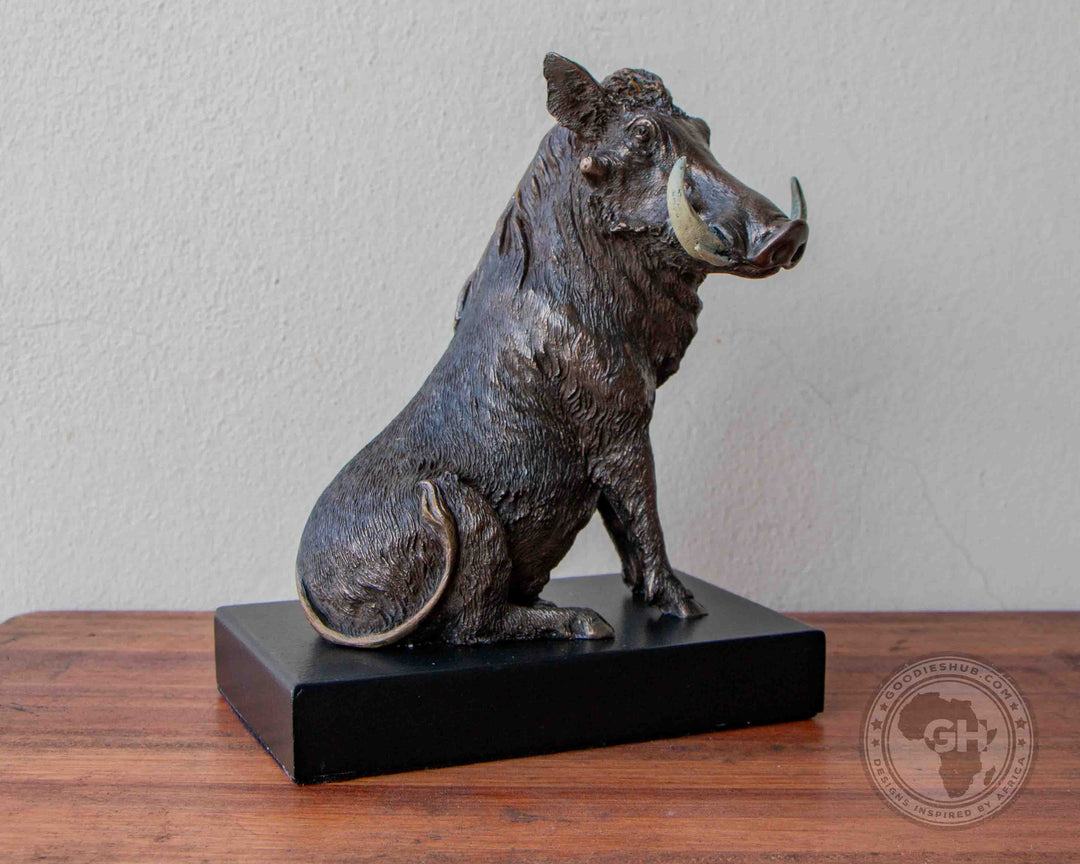 Warthog Sitting Bronzed Sculpture on Base