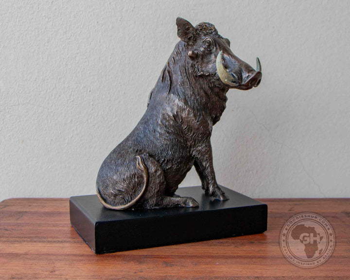Warthog Sitting Bronzed Sculpture on Base