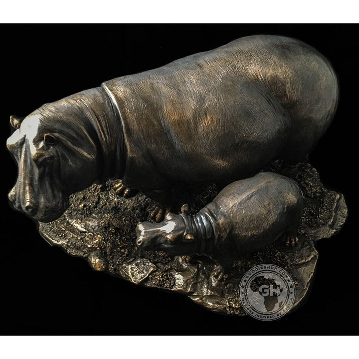 Hippo and Baby Bronzed Sculpture - Kiboko