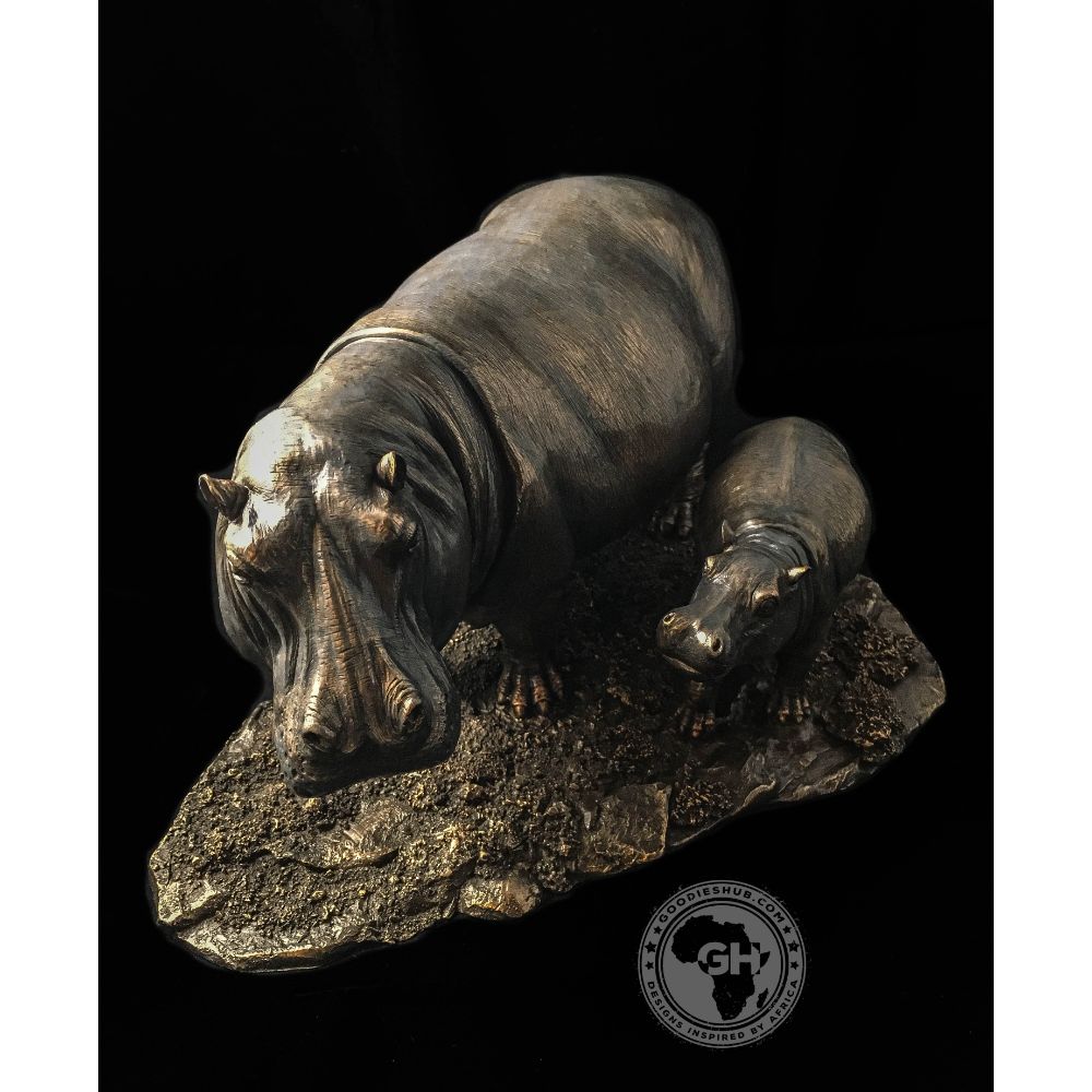 Hippo and Baby Bronzed Sculpture - Kiboko