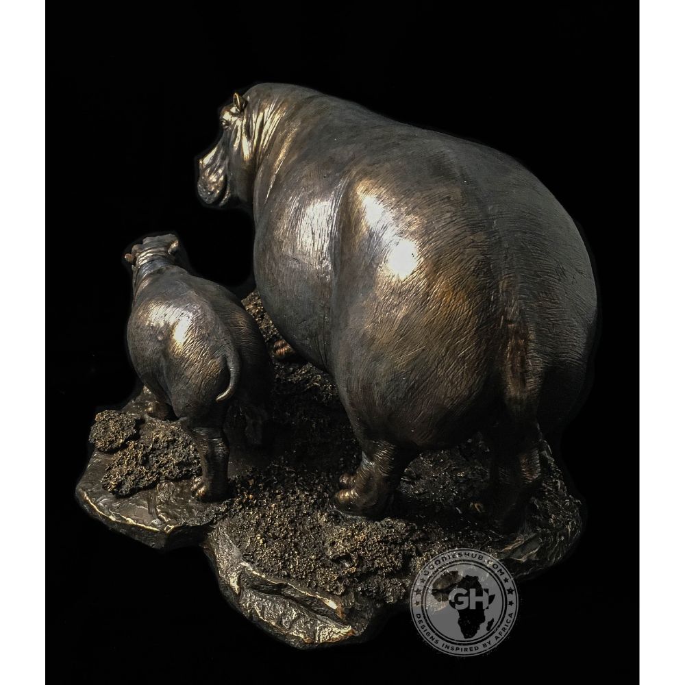 Hippo and Baby Bronzed Sculpture - Kiboko