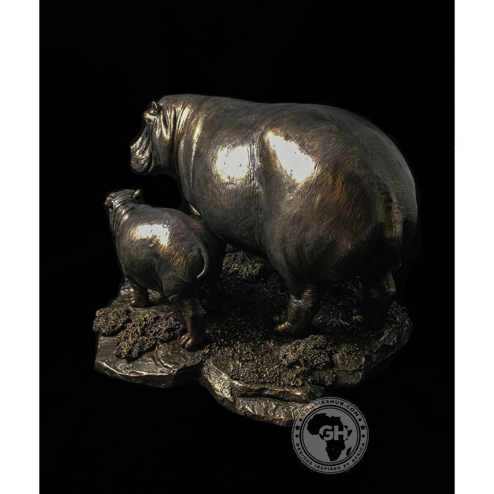 Hippo and Baby Bronzed Sculpture - Kiboko