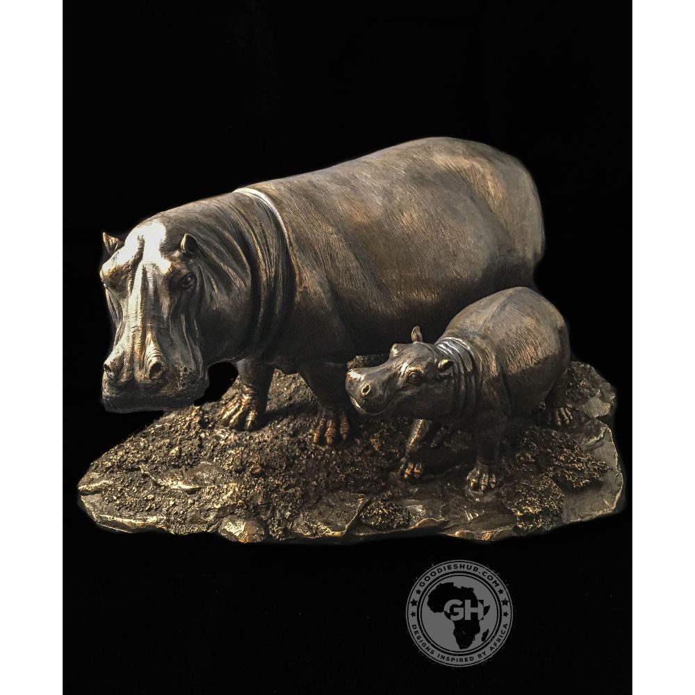Hippo and Baby Bronzed Sculpture - Kiboko