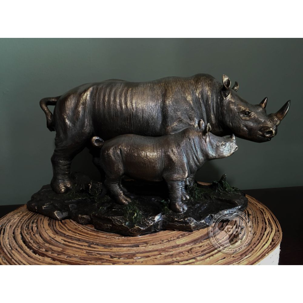 Rhino and Baby Bronzed Sculpture - Faru