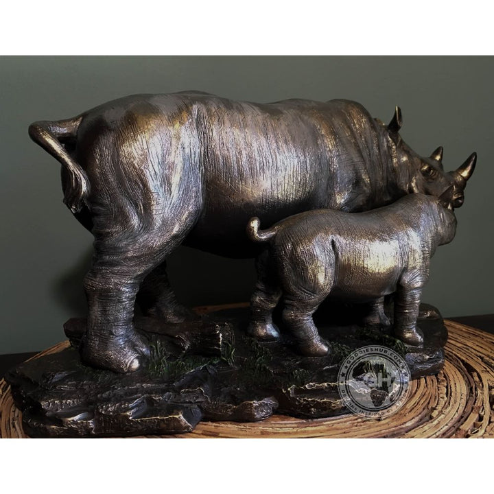 Rhino and Baby Bronzed Sculpture - Faru