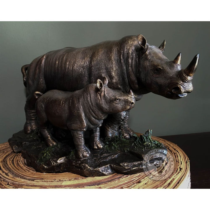 Rhino and Baby Bronzed Sculpture - Faru