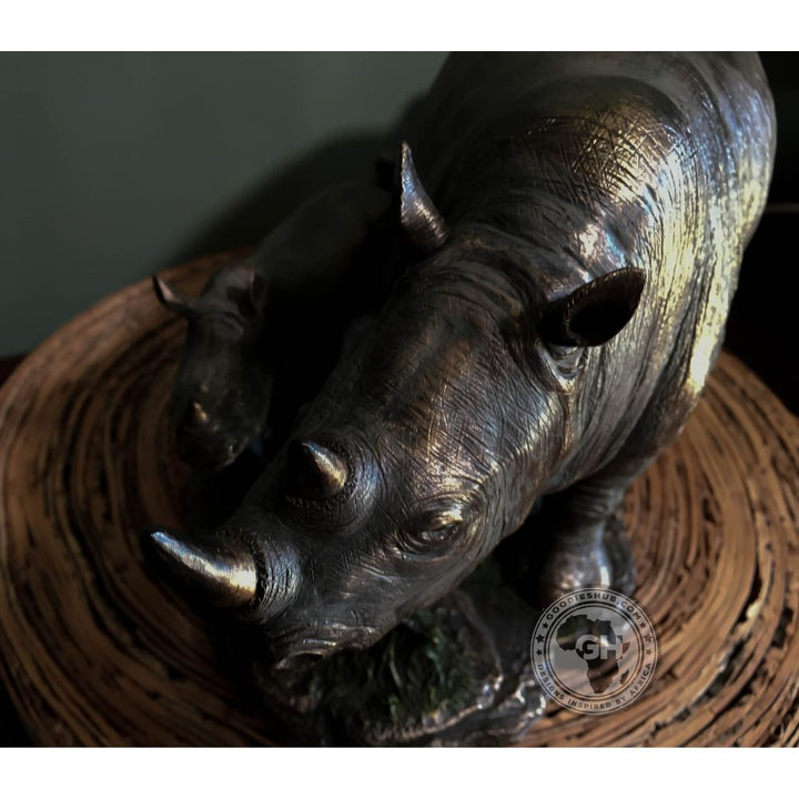 Rhino and Baby Bronzed Sculpture - Faru