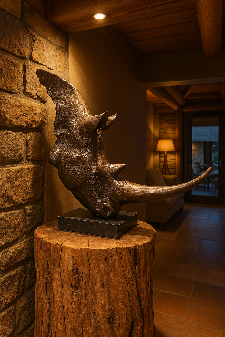 White Rhino Head on Marble Base Bronze Sculpture 3/4 Life-Size