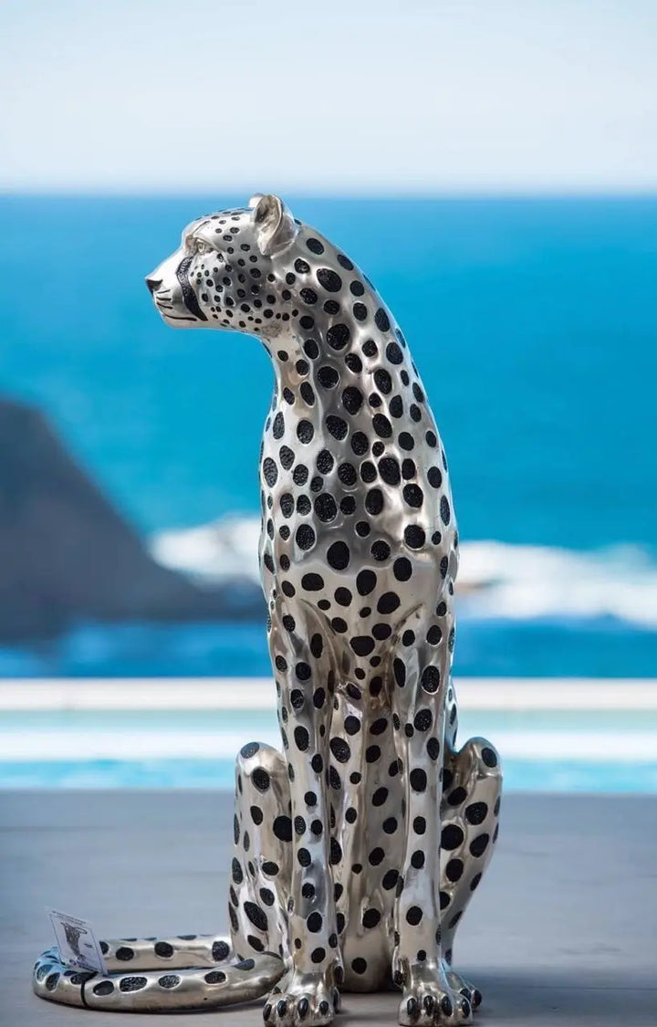 Cheetah Sitting silver and Black sculpture (Life-size) Facing Right