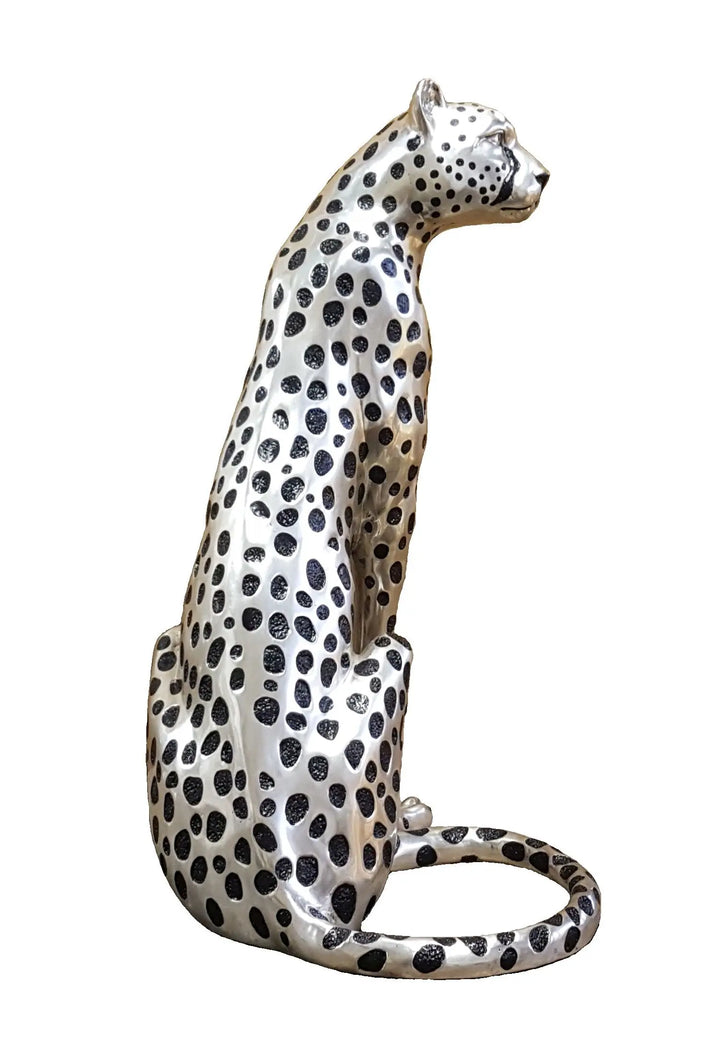 Cheetah Sitting silver and Black sculpture (Life-size) Facing Right