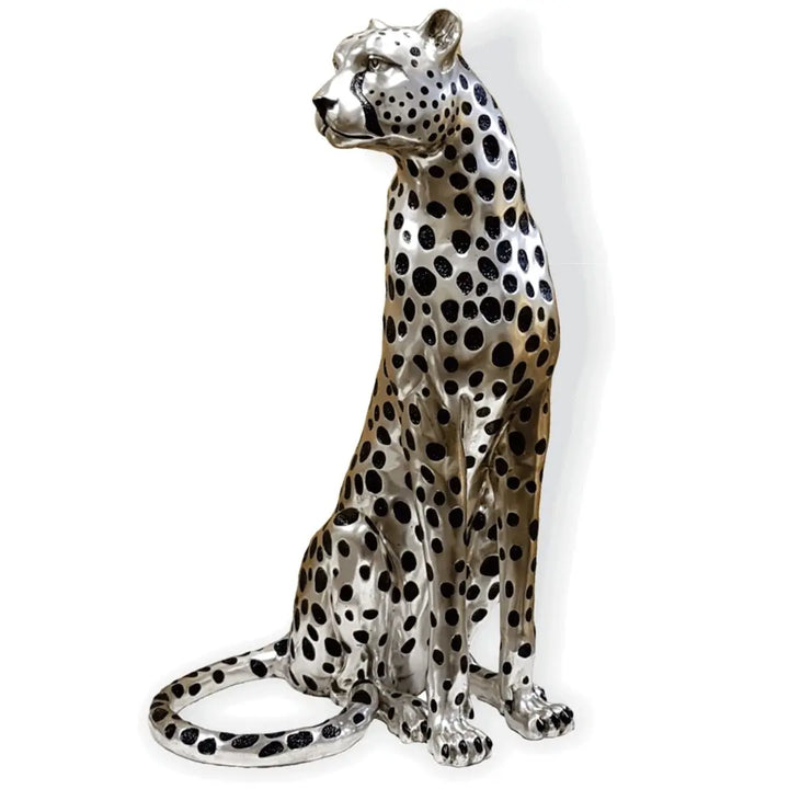 Cheetah Sitting silver and Black sculpture (Life-size) Facing Right