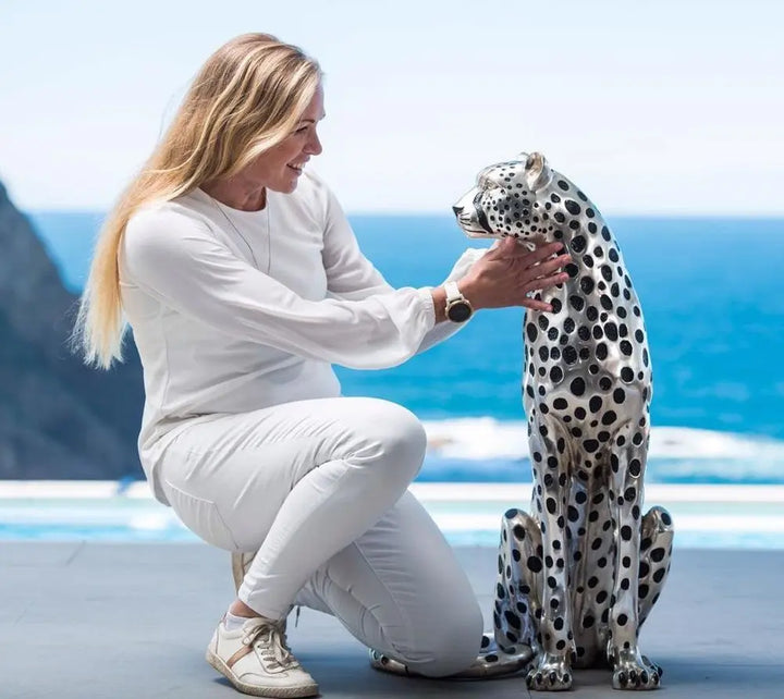 Cheetah Sitting silver and Black sculpture (Life-size) Facing Right