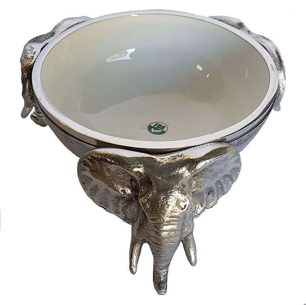 3 Elephant Round Snack Bowl WHITE - Lamu Aluminium Baked Enamel Tableware