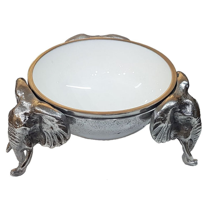 3 Elephant Round Snack Bowl WHITE - Lamu Aluminium Baked Enamel Tableware