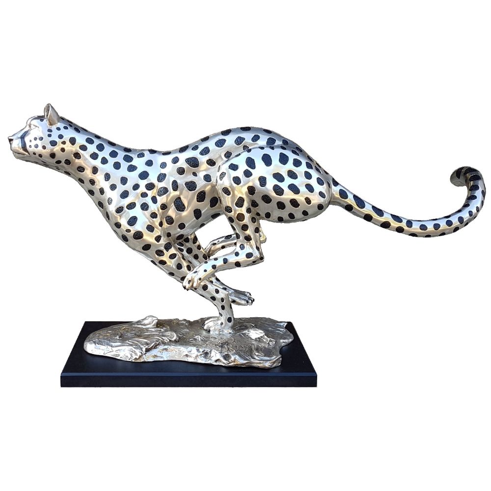 Cheetah Running Large - Silver and Black Sculpture