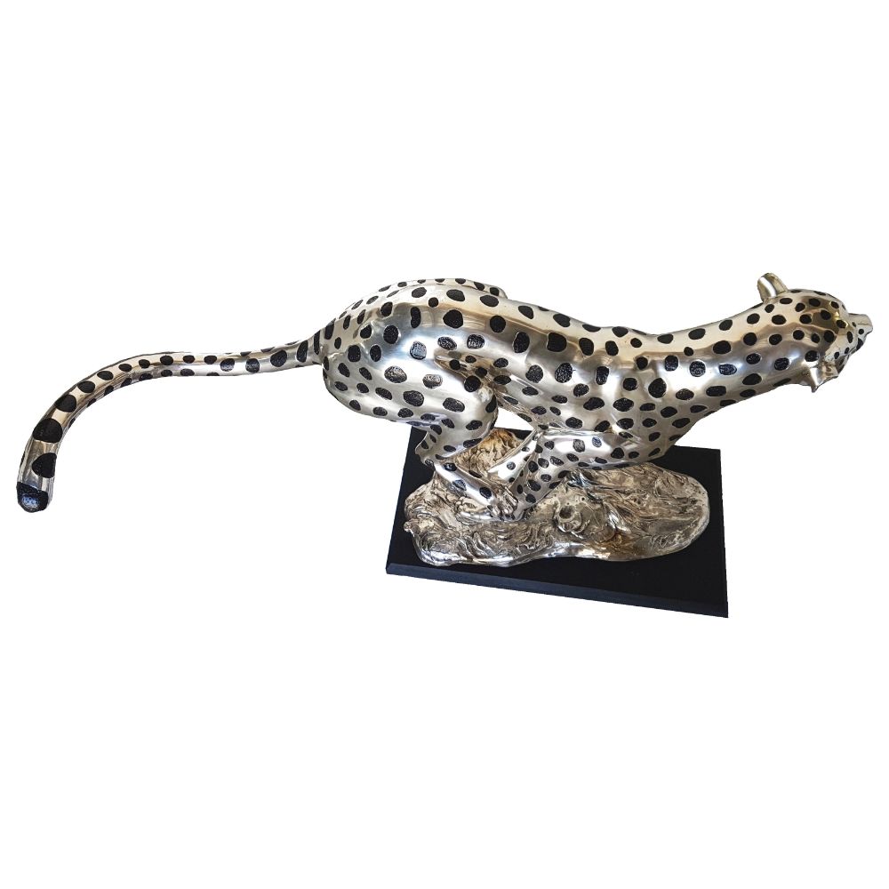 Cheetah Running Large - Silver and Black Sculpture