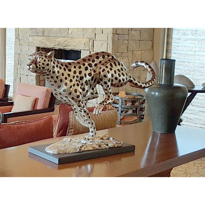 Cheetah Running Large - Silver and Black Sculpture