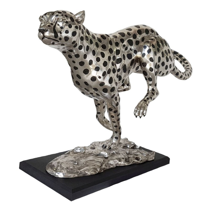 Cheetah Running Large - Silver and Black Sculpture