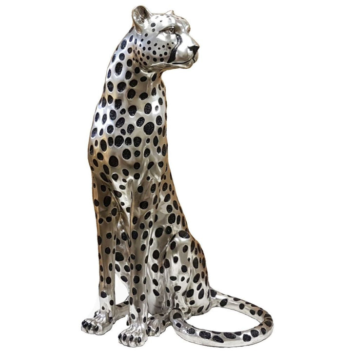 Cheetah Sitting silver and Black sculpture (Life-size) Facing Left