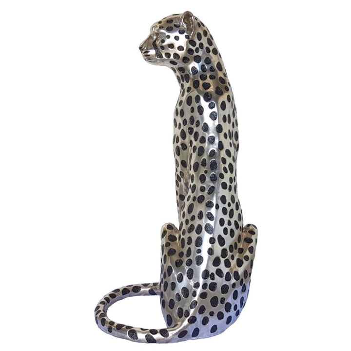 Cheetah Sitting silver and Black sculpture (Life-size) Facing Left