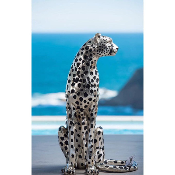Cheetah Sitting silver and Black sculpture (Life-size) Facing Left
