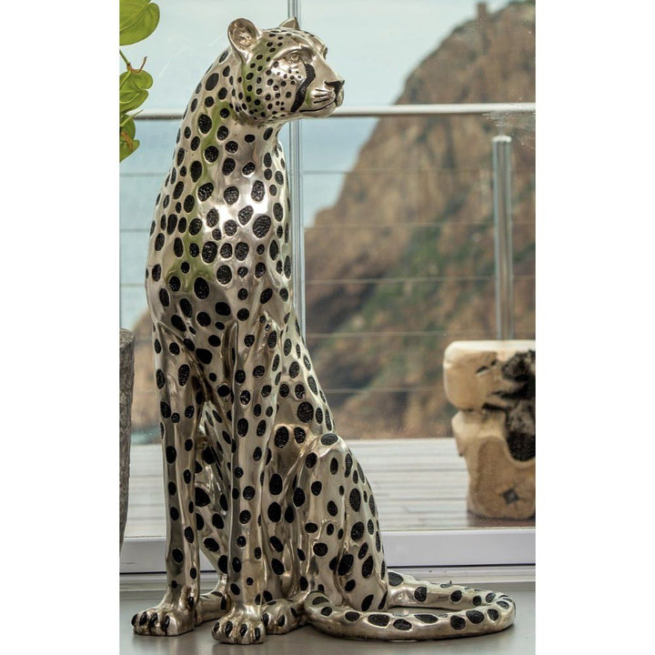 Cheetah Sitting silver and Black sculpture (Life-size) Facing Left