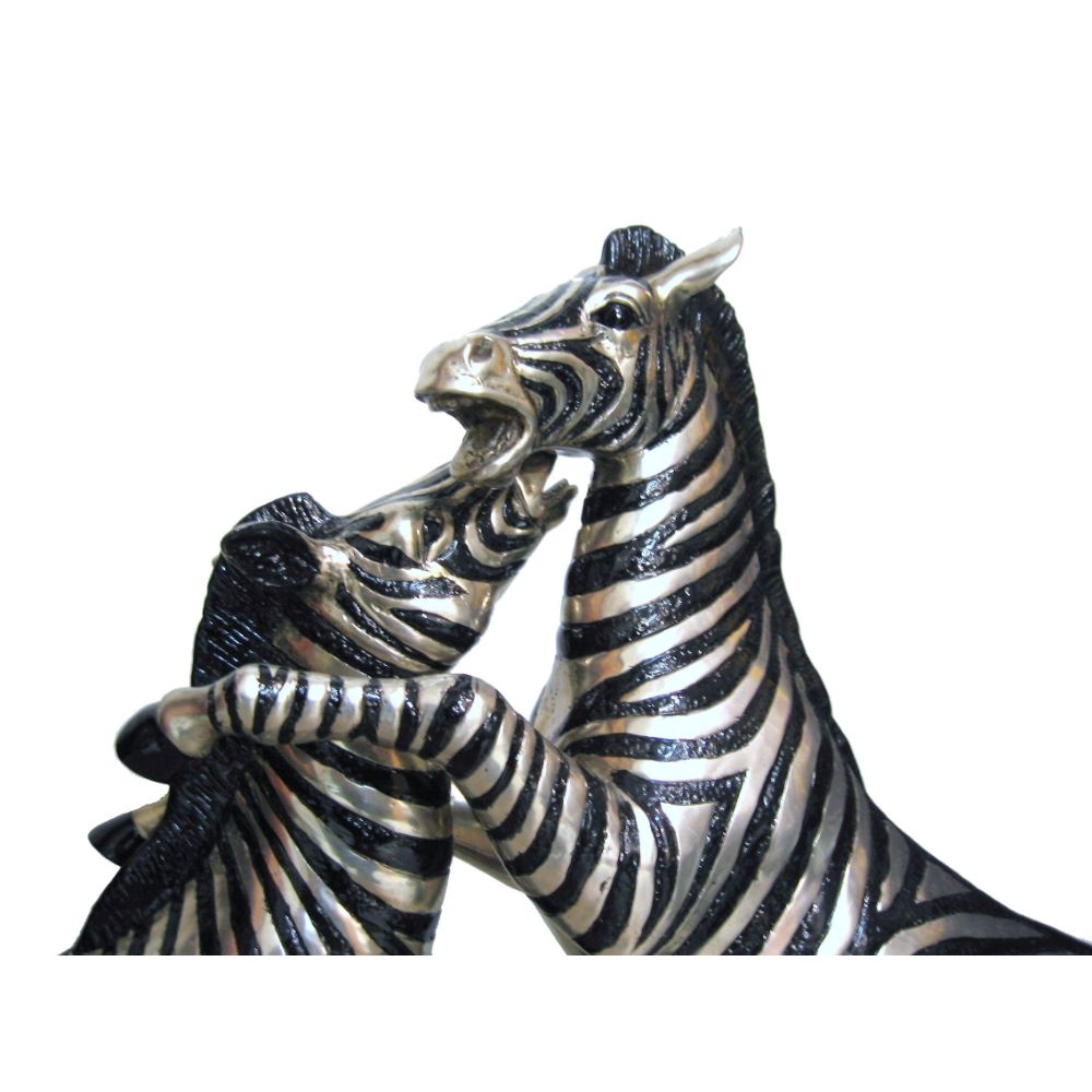 Zebras Fighting Sculpture - Silver and Black Sculpture