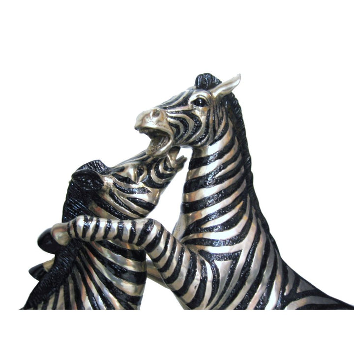 Zebras Fighting Sculpture - Silver and Black Sculpture