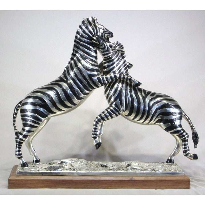 Zebras Fighting Sculpture - Silver and Black Sculpture