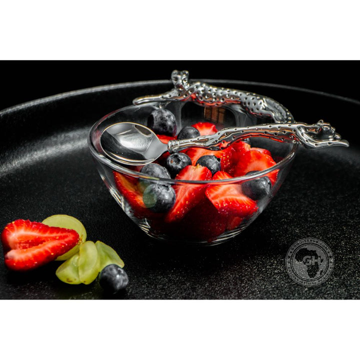 Dish 120mm Lying Cheetah &amp; sugar Spoon Set - Cheetah Africa Collection - Diana Carmichael