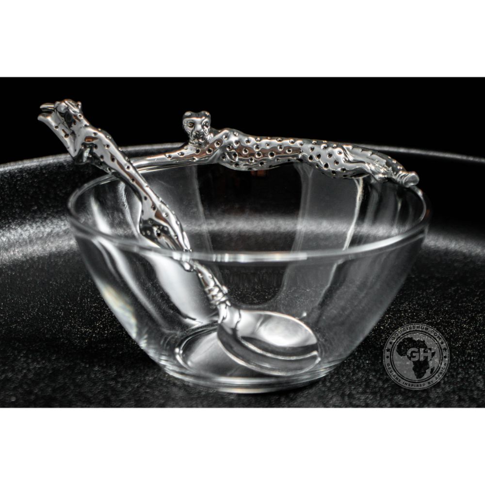 Dish 120mm Lying Cheetah &amp; sugar Spoon Set - Cheetah Africa Collection - Diana Carmichael