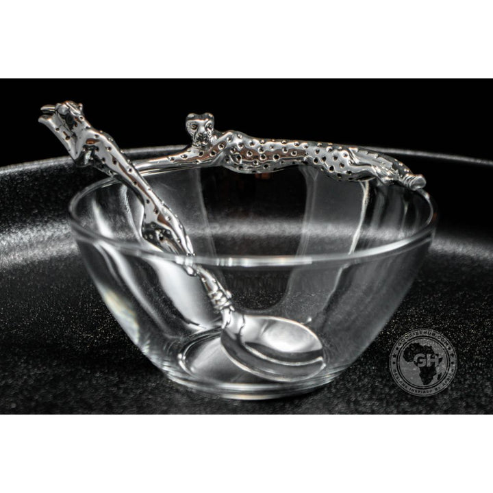 Dish 120mm Lying Cheetah &amp; sugar Spoon Set - Cheetah Africa Collection - Diana Carmichael